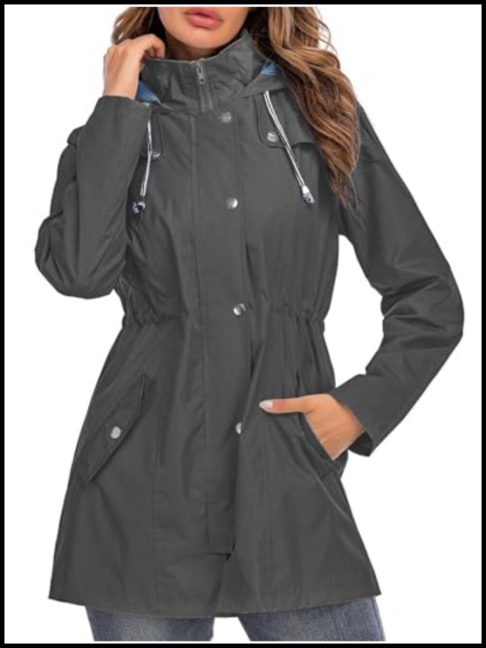Women's Waterproof Striped Lined Hooded Lightweight Raincoat Windbreaker Rain